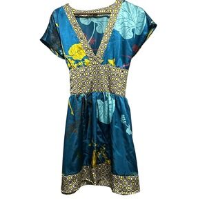 Forever Dress Women's L‎ Teal Blue Yellow Floral Print Mini Dress
